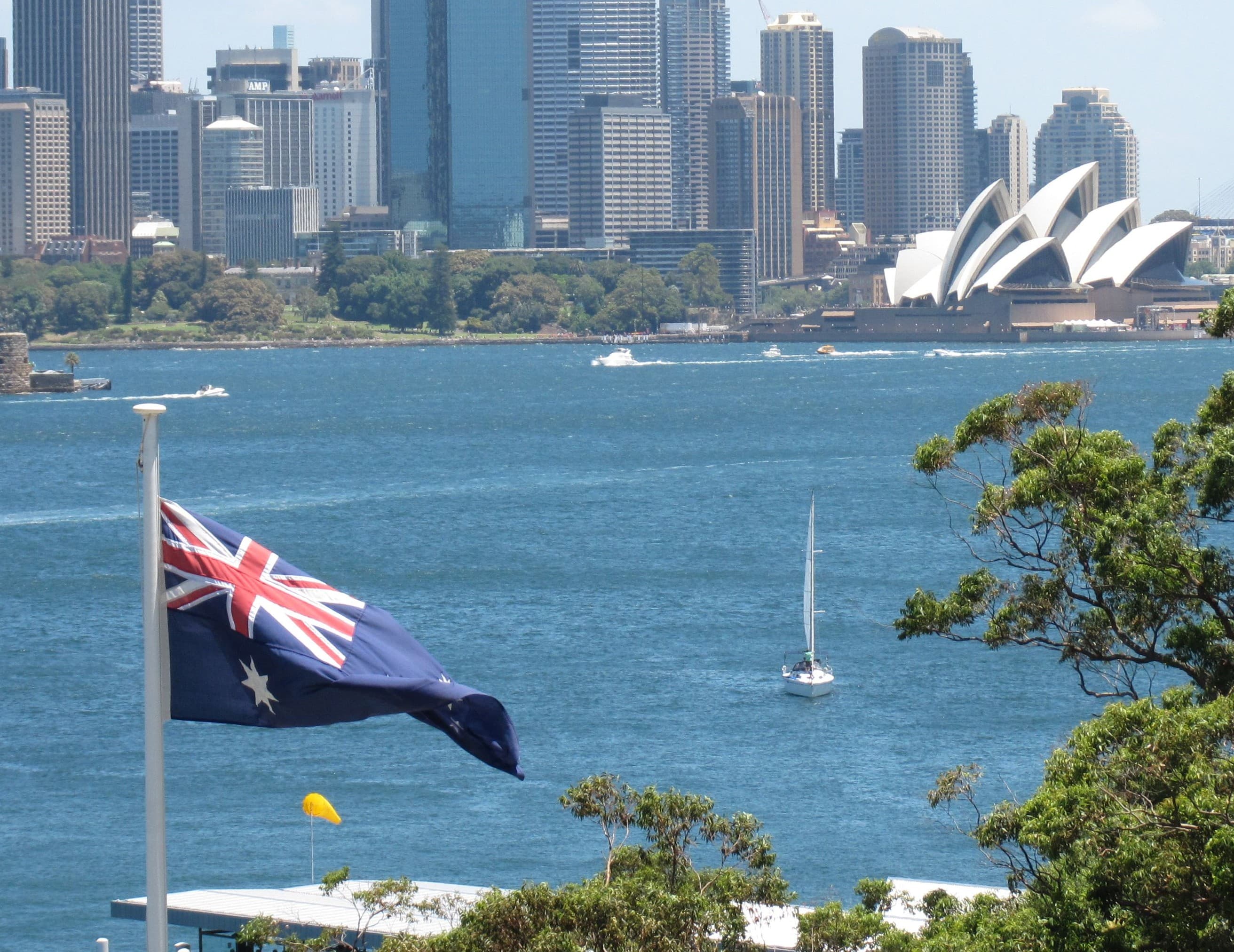 Australia flag over Sydney harbour