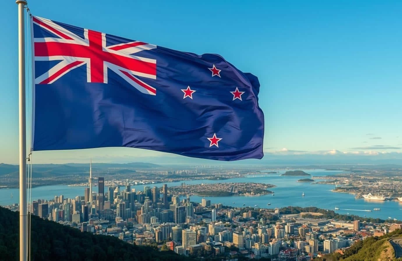 New Zealand flag over Auckland city
