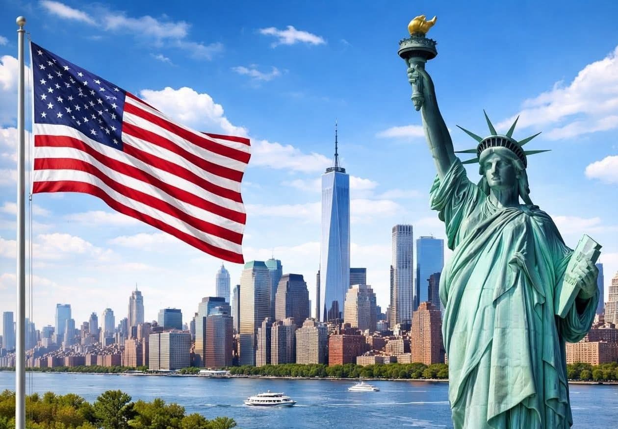 United States flag with Statue of Liberty and New York skyline